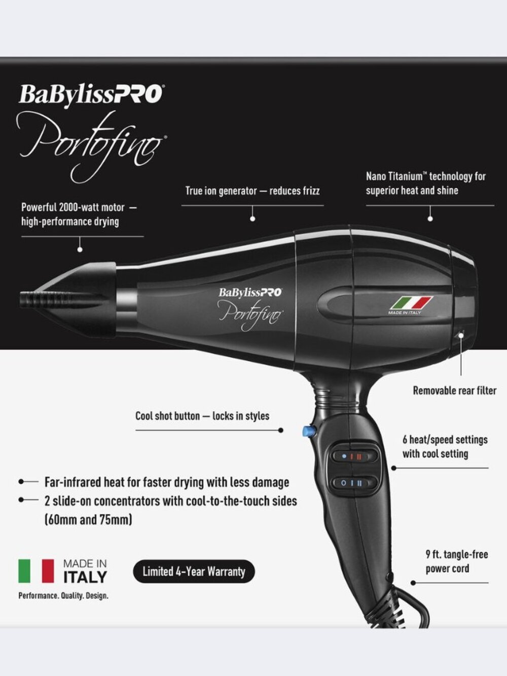 BaByliss PRO Portofino Nano Titanium Italy Made Professional Powerful Hair Dryer - Picture 11 of 14